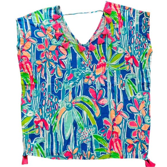 Lilly Pulitzer Seagate Cover up Tippy caftan top tassels deep back pink blue XS - Picture 10 of 14